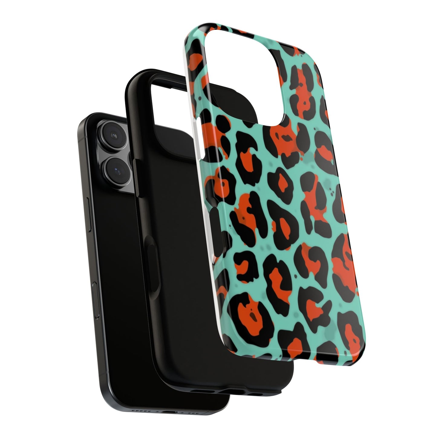 Leopard Print Tough Phone Case — Teal & Rust Protective iPhone Cover