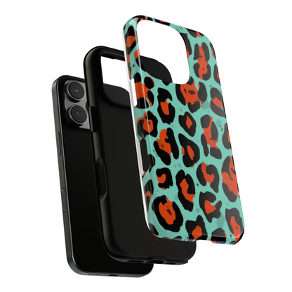 Leopard Print Tough Phone Case — Teal & Rust Protective iPhone Cover