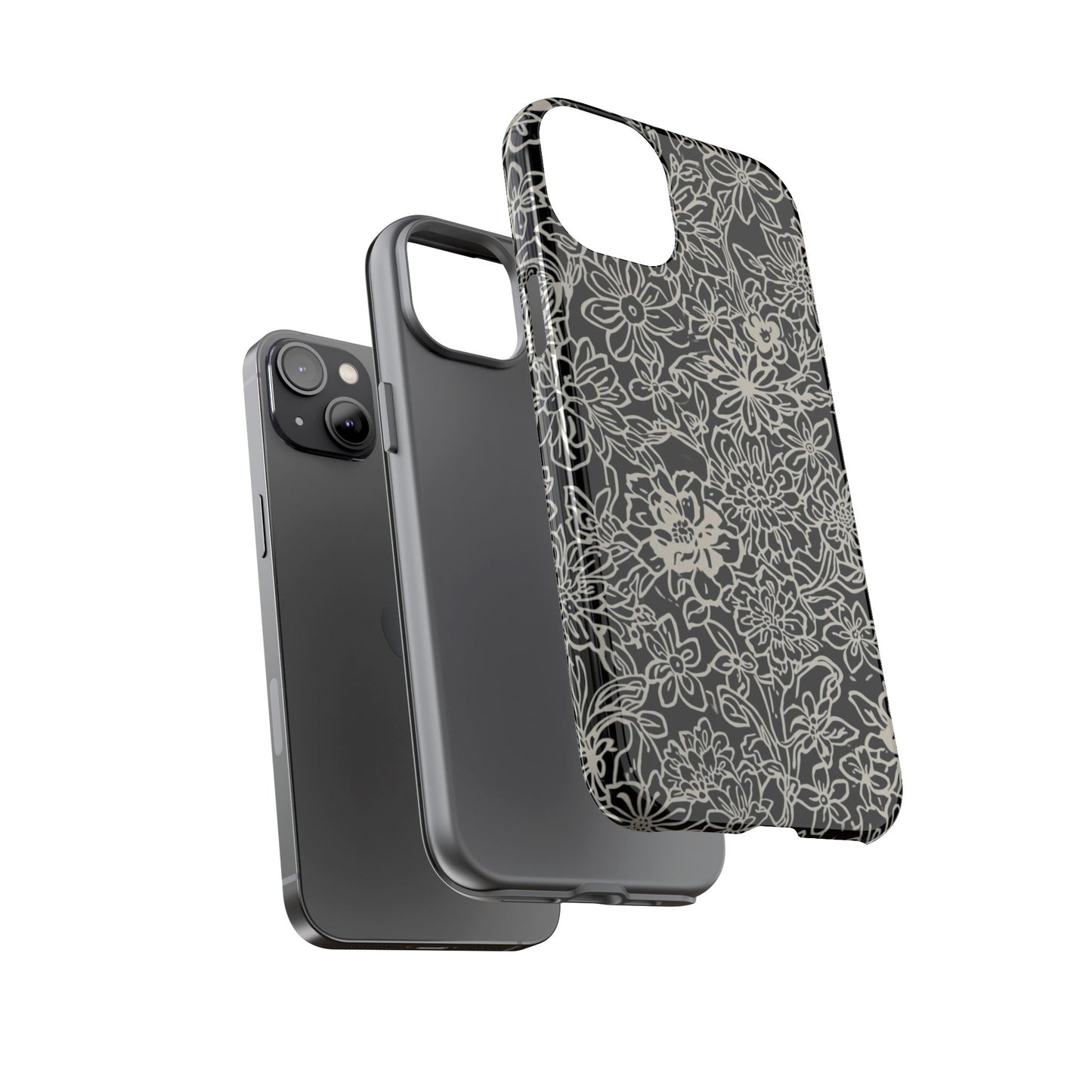 Floral Doodle Tough Phone Case — Black & White Sketch Flower Protective Cover