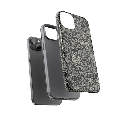 Floral Doodle Tough Phone Case — Black & White Sketch Flower Protective Cover