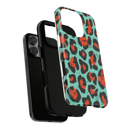 Leopard Print Tough Phone Case — Teal & Rust Protective iPhone Cover