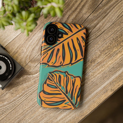 Tropical Leaf Tough Phone Case — Orange Monstera Design on Teal