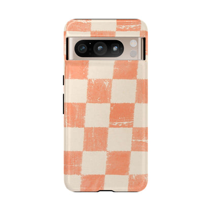 Peach Checkerboard Tough Phone Case — Retro Distressed Grid Design