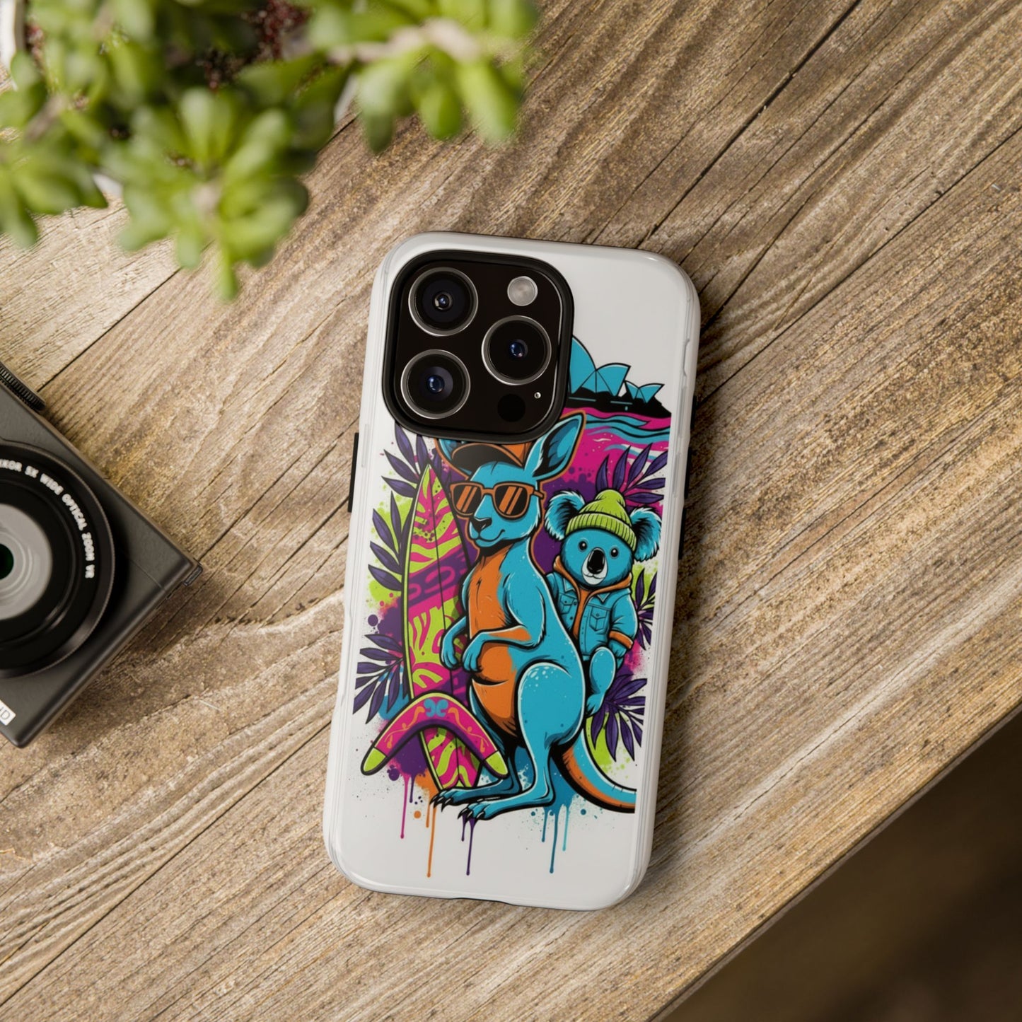 Kangaroo & Koala Surf Phone Case — Retro Neon Beach Art Tough Case