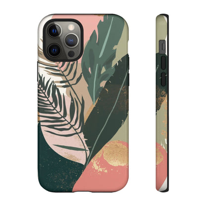 Tropical Leaf Tough Phone Case — Abstract Pink & Green Botanical Protective Cover