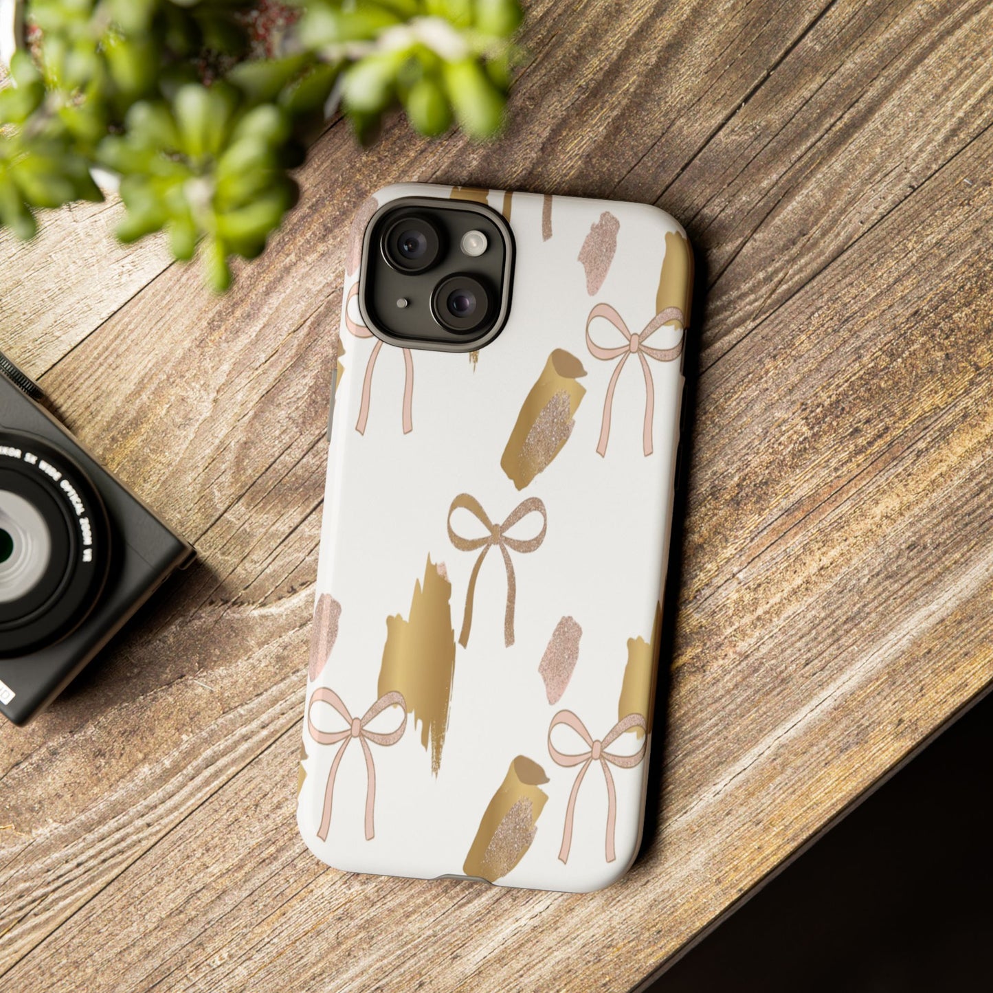 Phone Case — Gold Brushstroke & Blush Bow Pattern