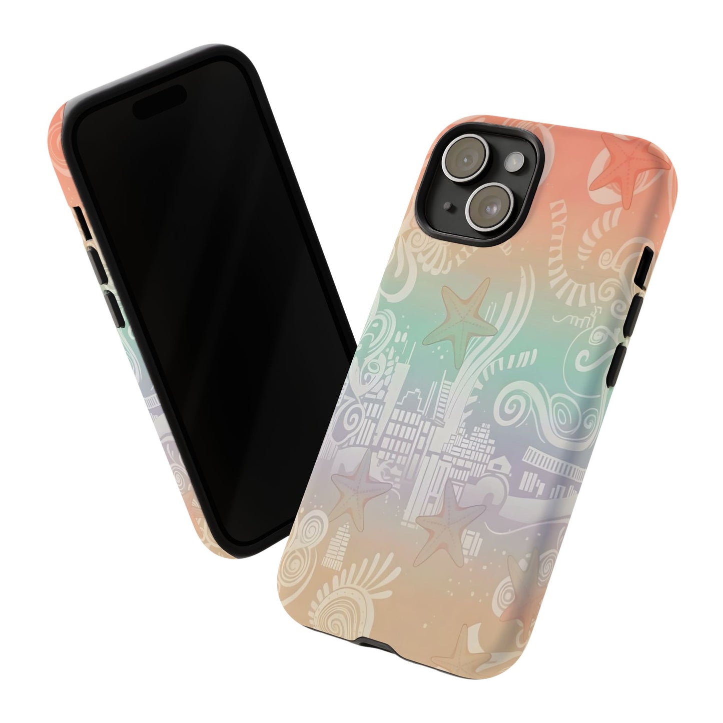 Tough Cases: Pastel Beach Pattern Phone Case — Starfish & Coastal Cityscape Protective Cover