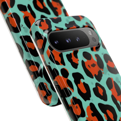 Leopard Print Tough Phone Case — Teal & Rust Protective iPhone Cover