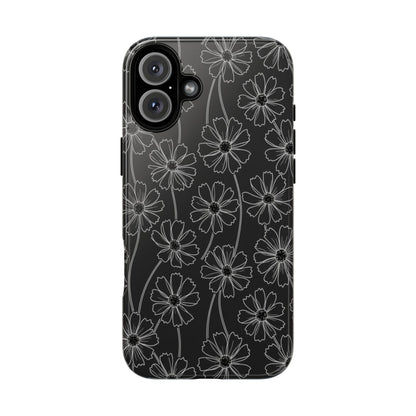 Floral Doodle Tough Phone Case — Black & Gray Daisy Pattern