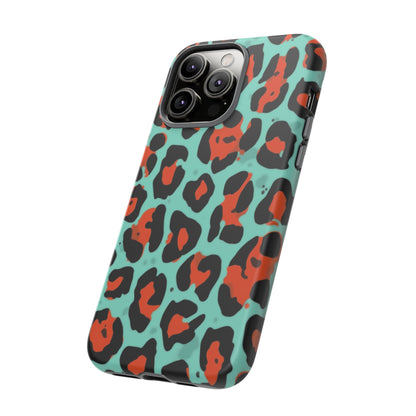 Leopard Print Tough Phone Case — Teal & Rust Protective iPhone Cover