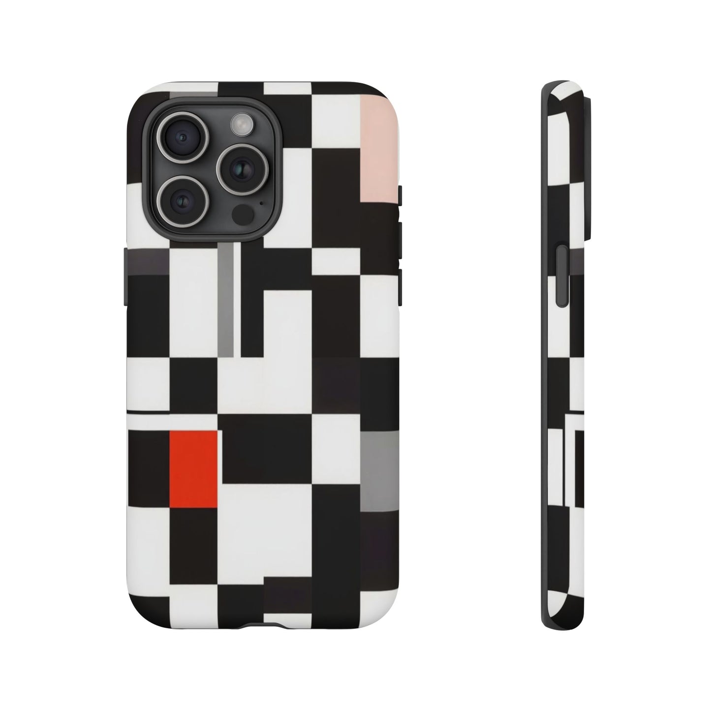 Abstract Geometric Phone Case – Black & White Checker Grid with Red Accent