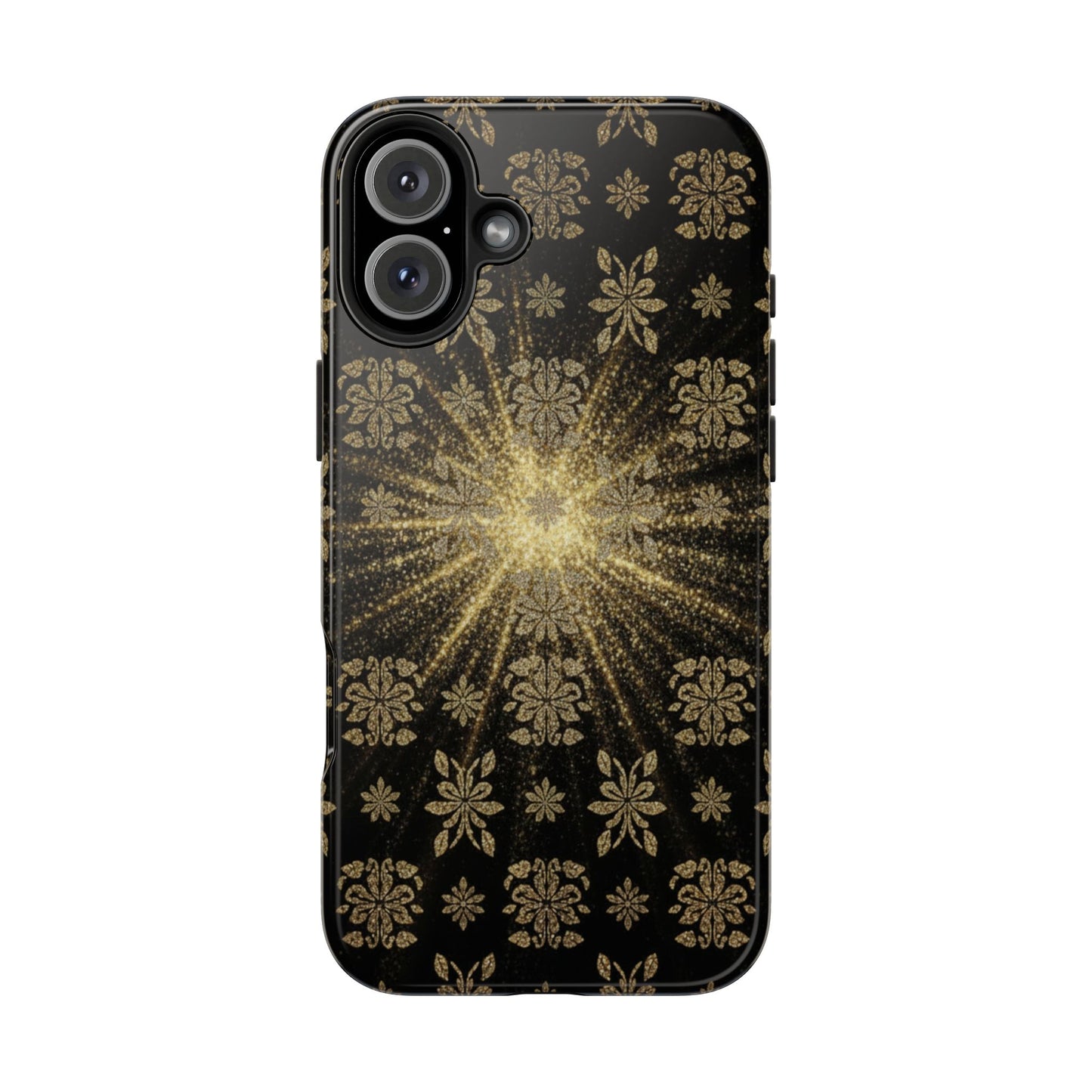 Glitter Burst Tough Phone Case — Black & Gold Floral Protective Cover
