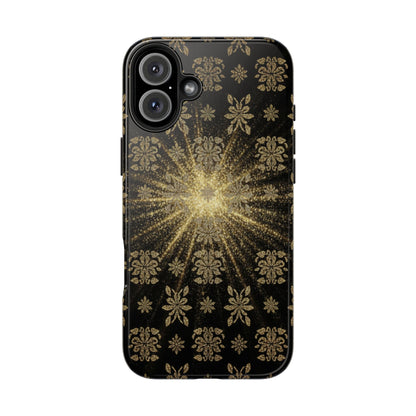 Glitter Burst Tough Phone Case — Black & Gold Floral Protective Cover