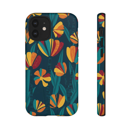 Floral Retro Teal Tough Phone Case — Vibrant Orange & Mustard Blooms
