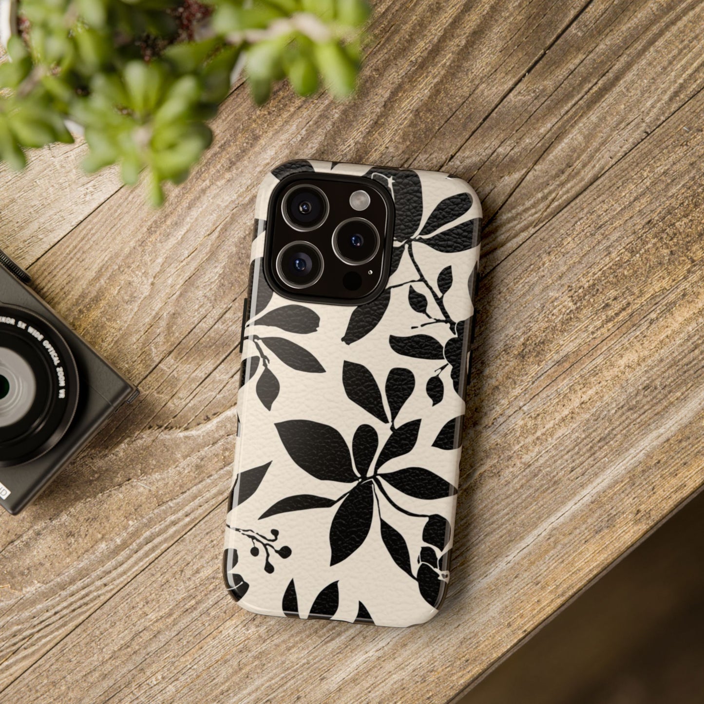 Black Floral Pattern Phone Case — Monochrome Botanical Tough Case