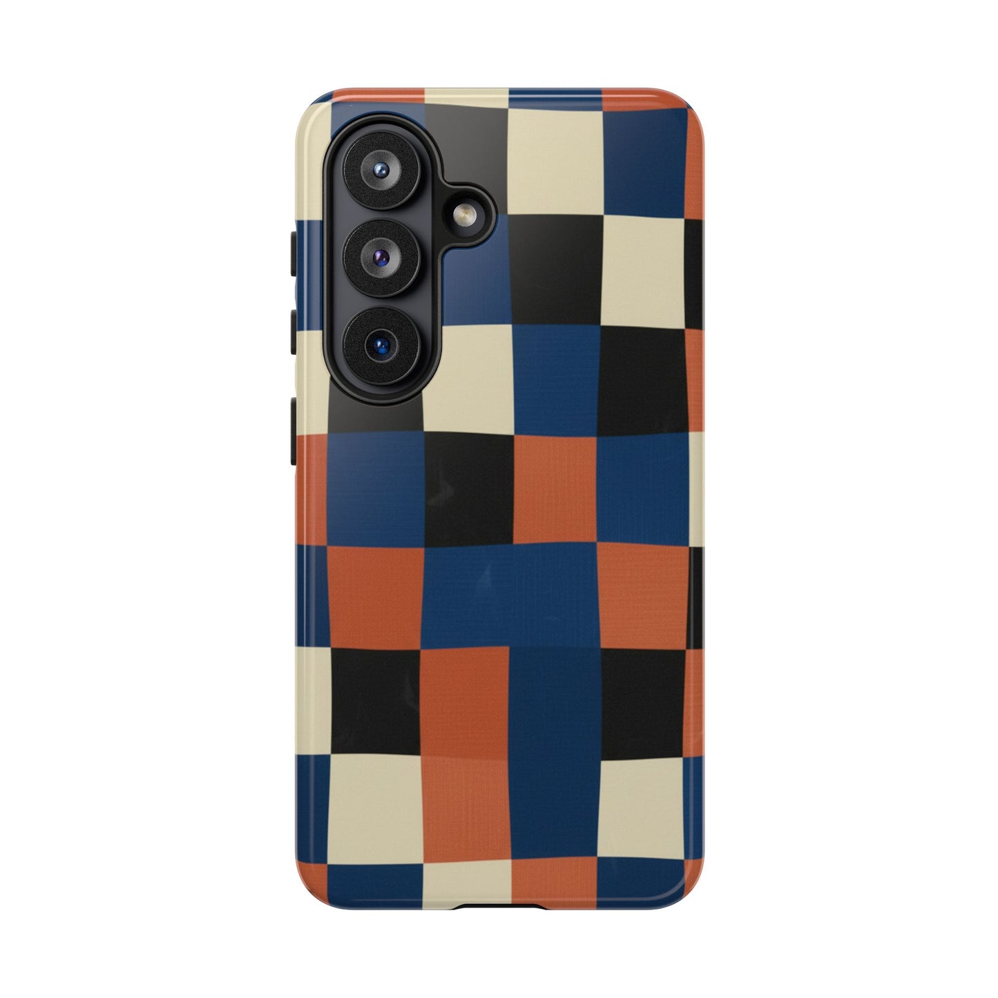Retro Checker Phone Case — Blue, Orange & Cream Geometric Tough Case