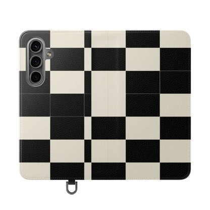 Checkered Flip Phone Case – Black & Cream Retro Grid Wallet Case