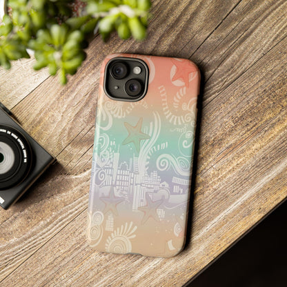 Tough Cases: Pastel Beach Pattern Phone Case — Starfish & Coastal Cityscape Protective Cover