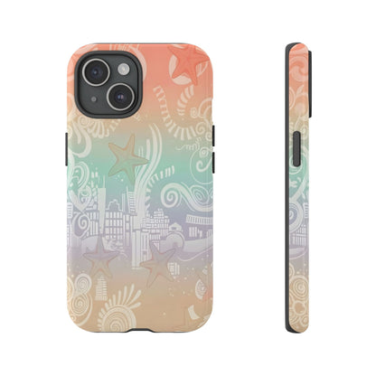 Tough Cases: Pastel Beach Pattern Phone Case — Starfish & Coastal Cityscape Protective Cover