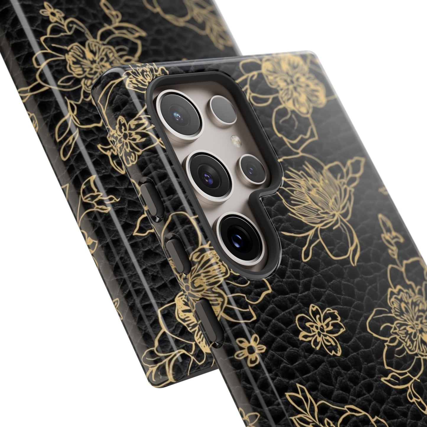 Floral Leather Phone Case — Gold Outline Flowers on Black Tough Case