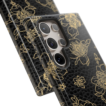 Floral Leather Phone Case — Gold Outline Flowers on Black Tough Case