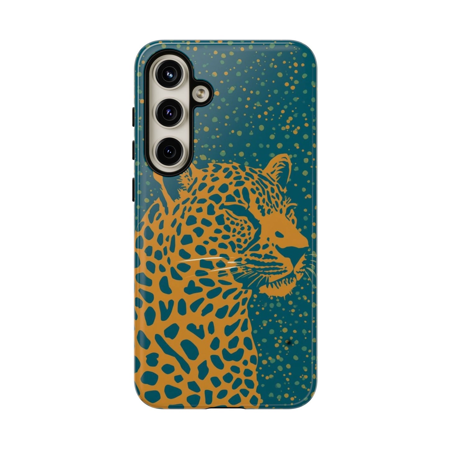Leopard Print Tough Phone Case — Gold Panther on Teal, Protective iPhone Cover