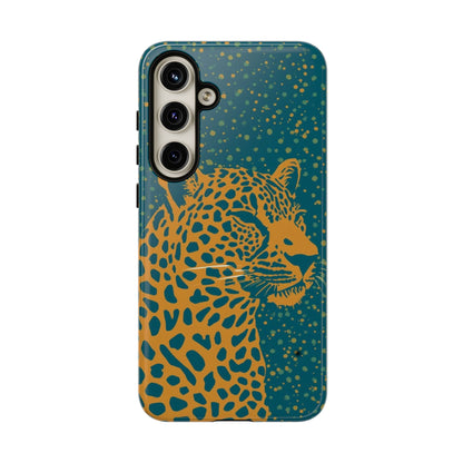 Leopard Print Tough Phone Case — Gold Panther on Teal, Protective iPhone Cover