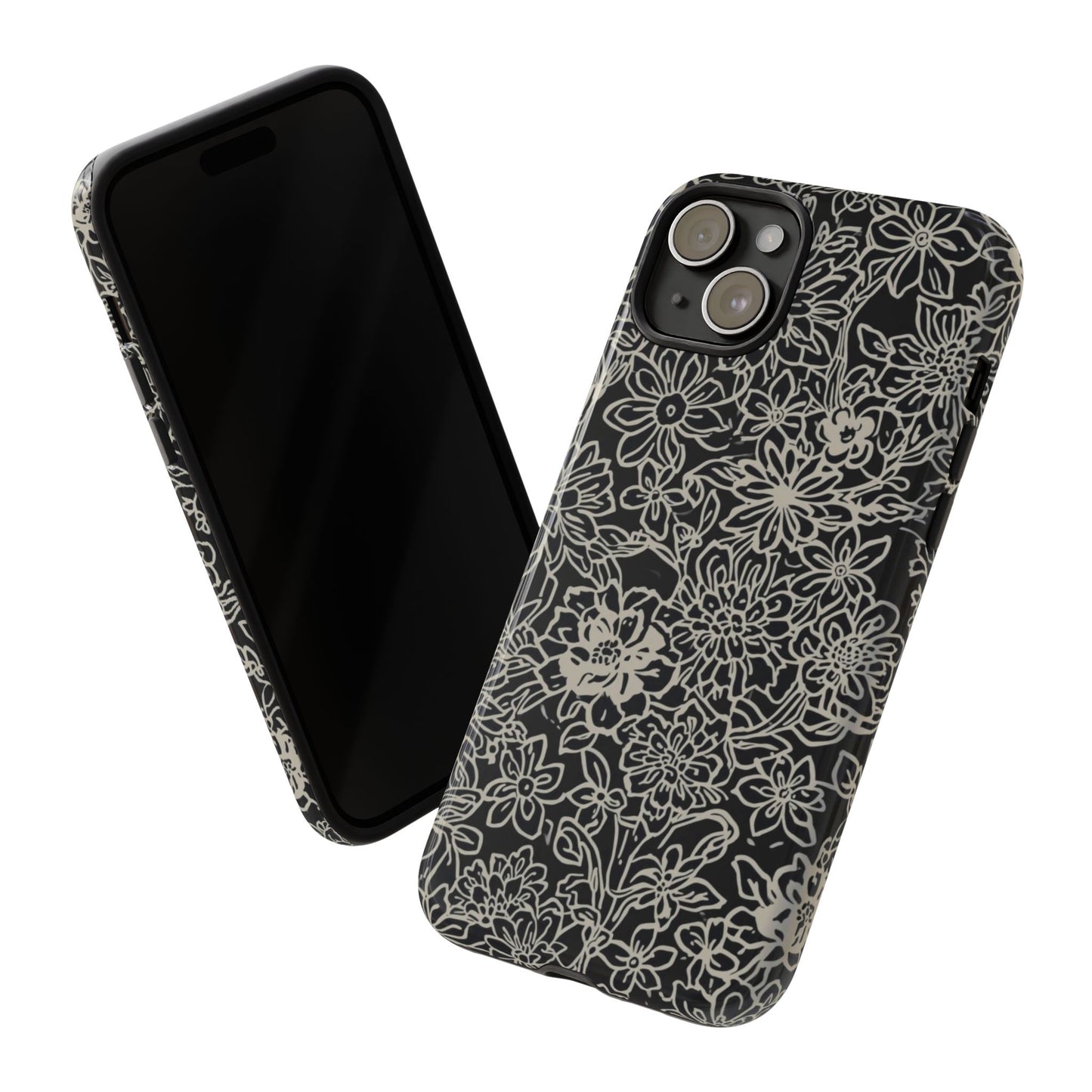 Floral Doodle Tough Phone Case — Black & White Sketch Flower Protective Cover