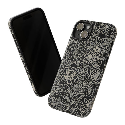 Floral Doodle Tough Phone Case — Black & White Sketch Flower Protective Cover