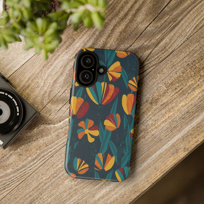 Floral Retro Teal Tough Phone Case — Vibrant Orange & Mustard Blooms