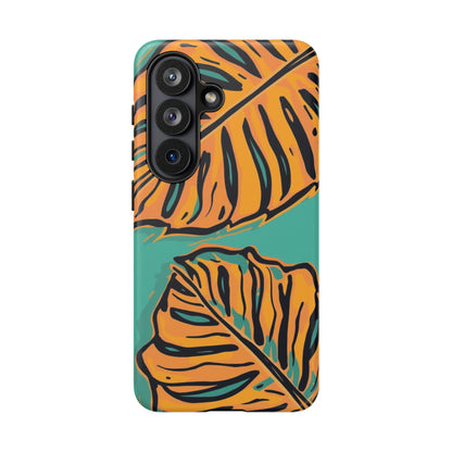 Tropical Leaf Tough Phone Case — Orange Monstera Design on Teal