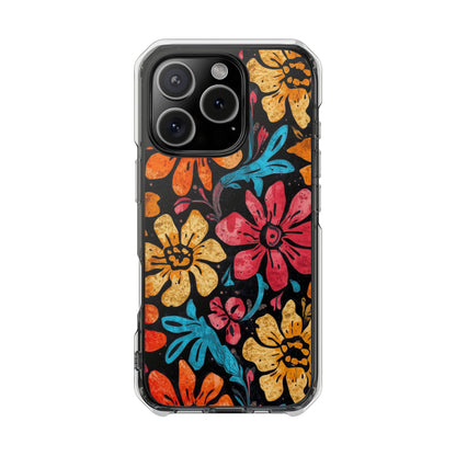 Clear Magnetic Phone Case — Retro Floral Pattern (Impact-Resistant)