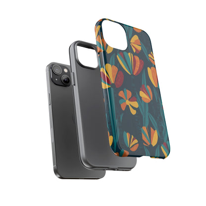 Floral Retro Teal Tough Phone Case — Vibrant Orange & Mustard Blooms