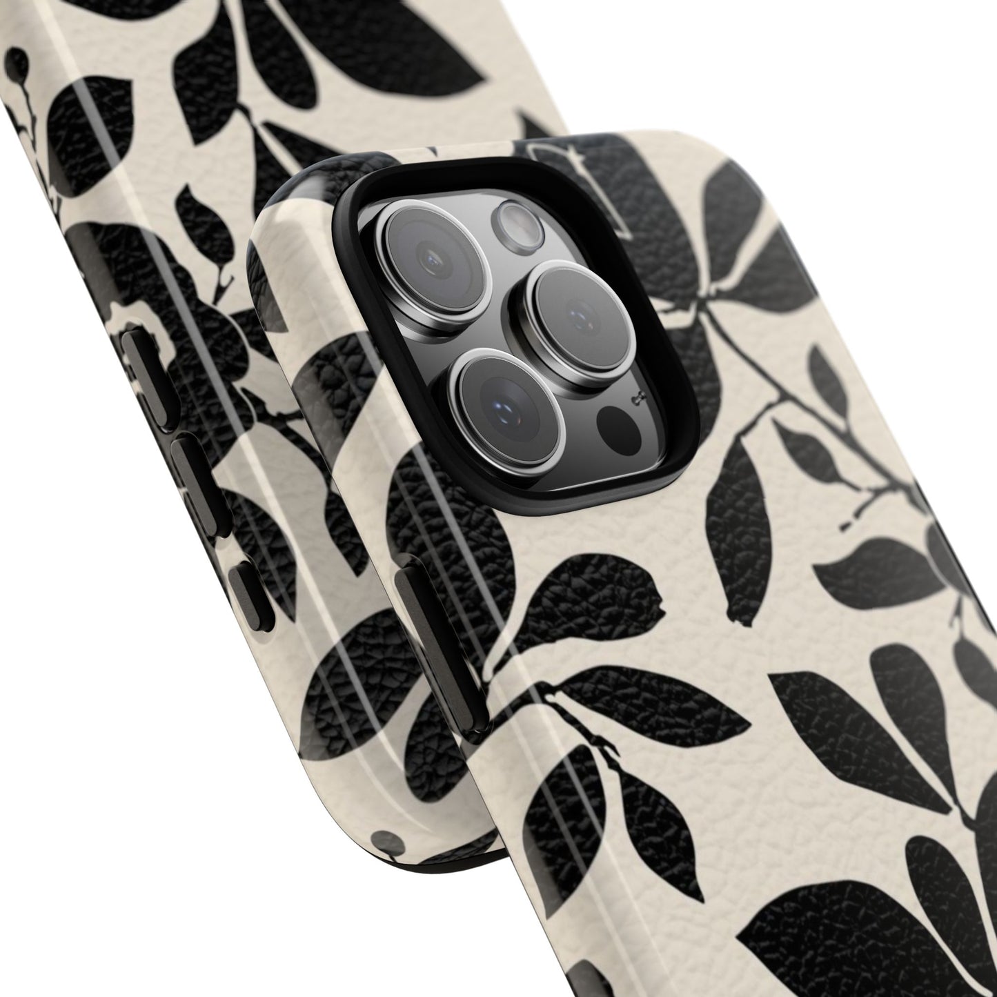 Black Floral Pattern Phone Case — Monochrome Botanical Tough Case
