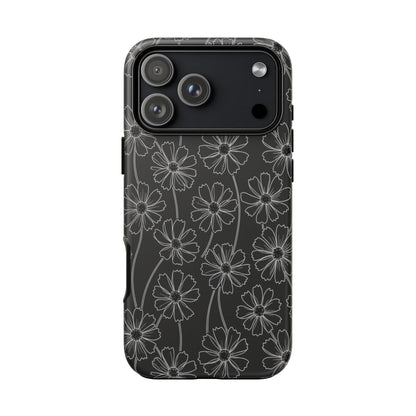 Floral Doodle Tough Phone Case — Black & Gray Daisy Pattern
