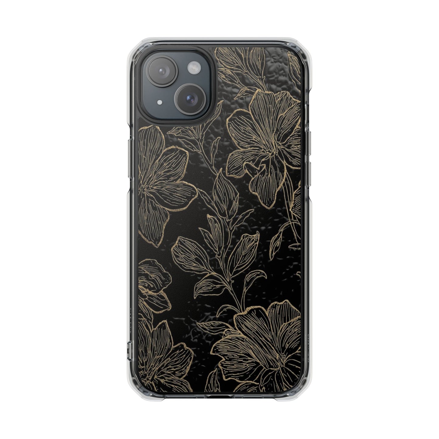 Floral Sketch Magnetic Clear Phone Case — Black & Gold Botanical Impact Case