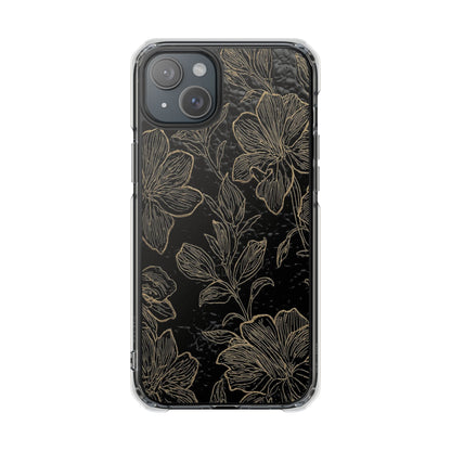 Floral Sketch Magnetic Clear Phone Case — Black & Gold Botanical Impact Case