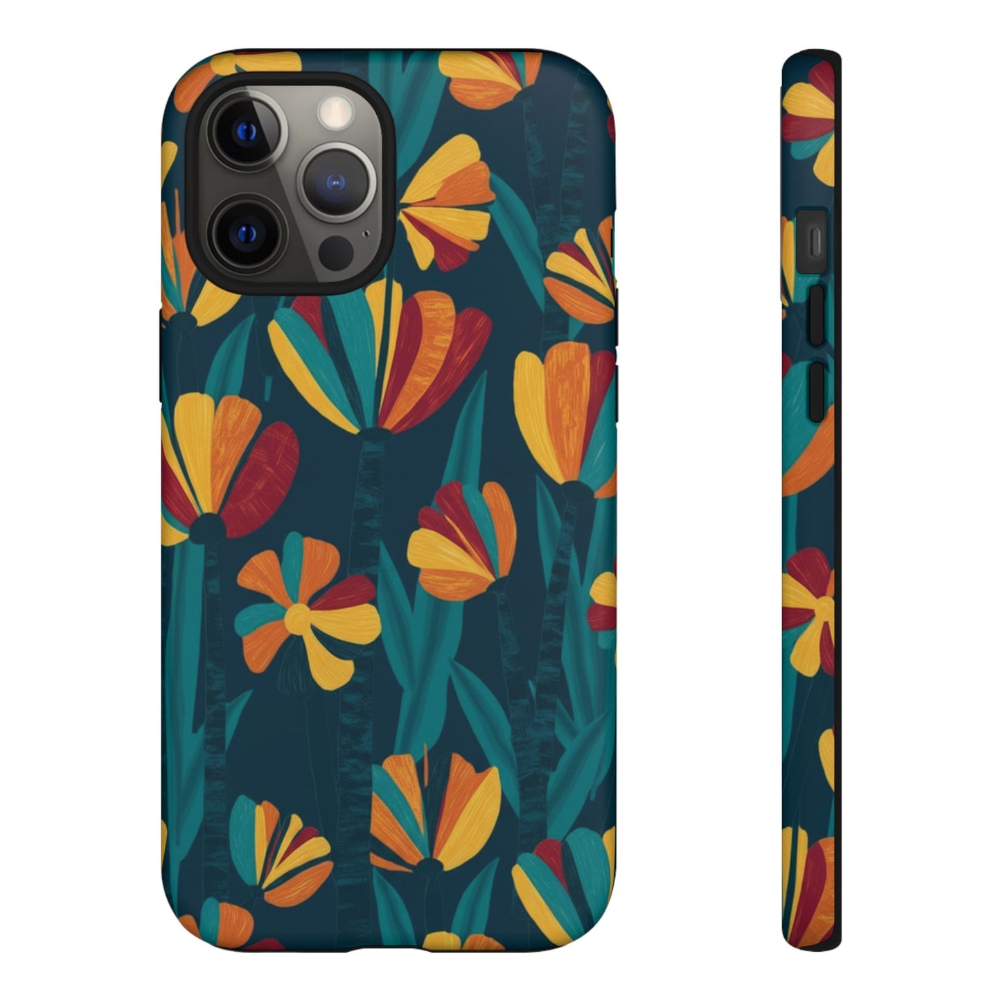 Floral Retro Teal Tough Phone Case — Vibrant Orange & Mustard Blooms
