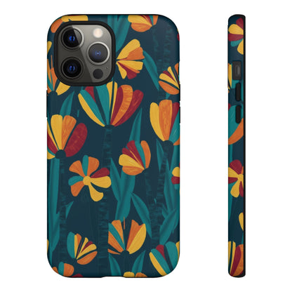 Floral Retro Teal Tough Phone Case — Vibrant Orange & Mustard Blooms