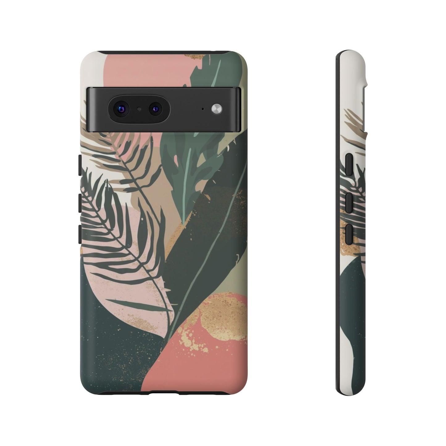 Tropical Leaf Tough Phone Case — Abstract Pink & Green Botanical Protective Cover