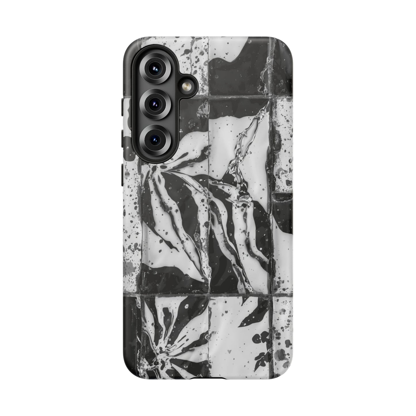 Monochrome Tile Floral Tough Phone Case