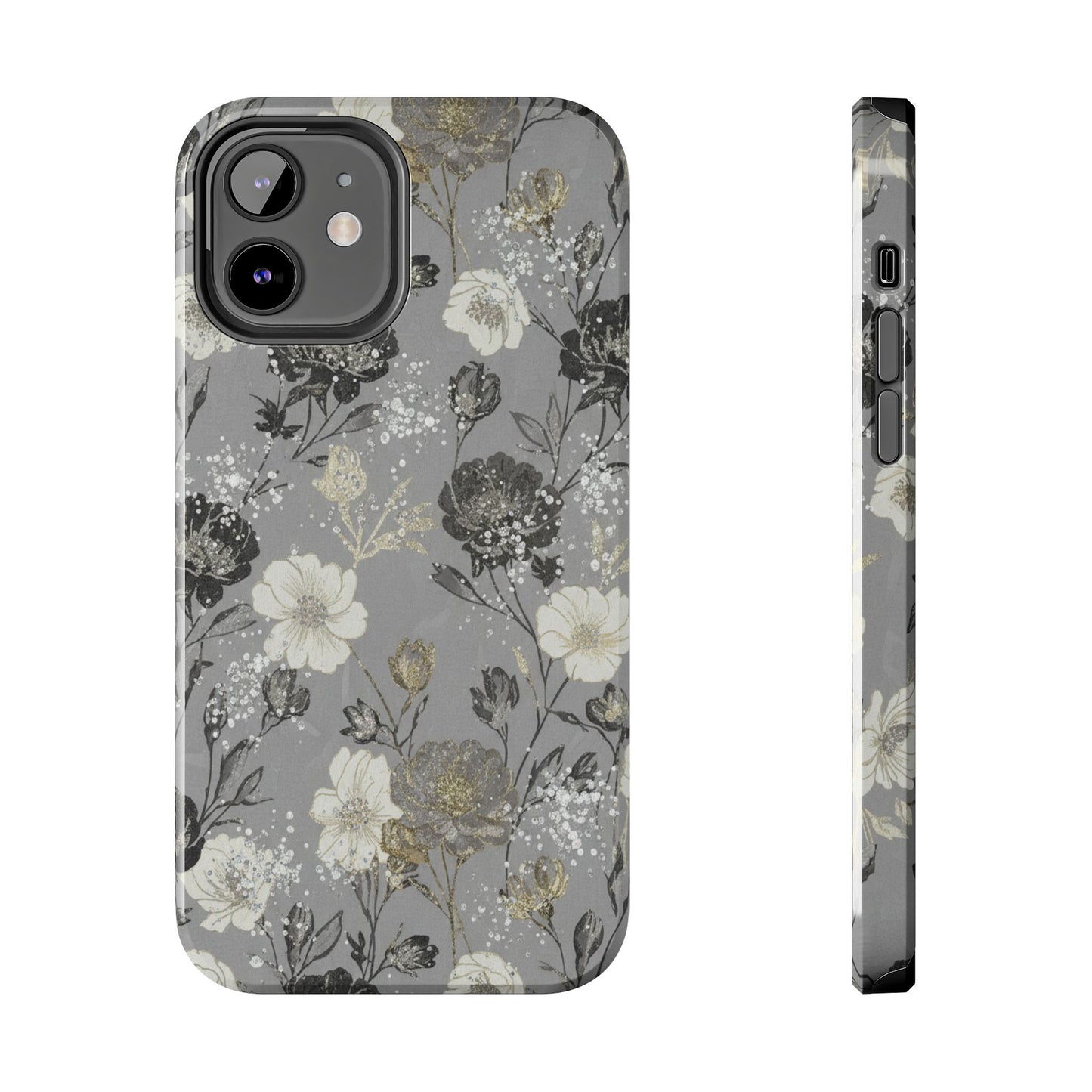 Floral Gray Tough Phone Case — Elegant Protective Phone Cover with Gold Accent