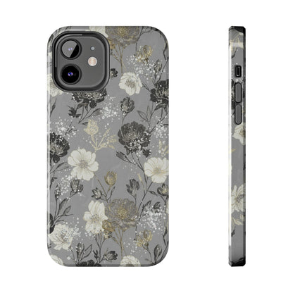 Floral Gray Tough Phone Case — Elegant Protective Phone Cover with Gold Accent