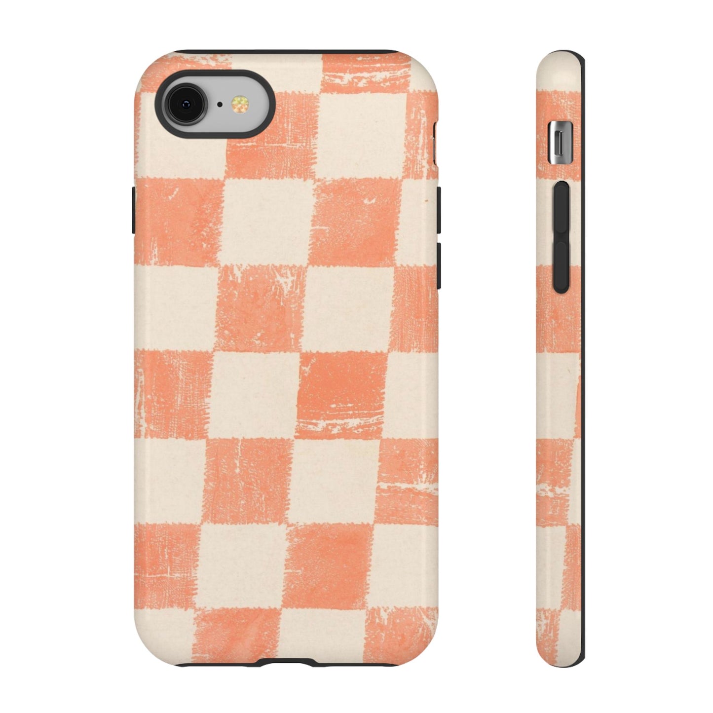 Peach Checkerboard Tough Phone Case — Retro Distressed Grid Design