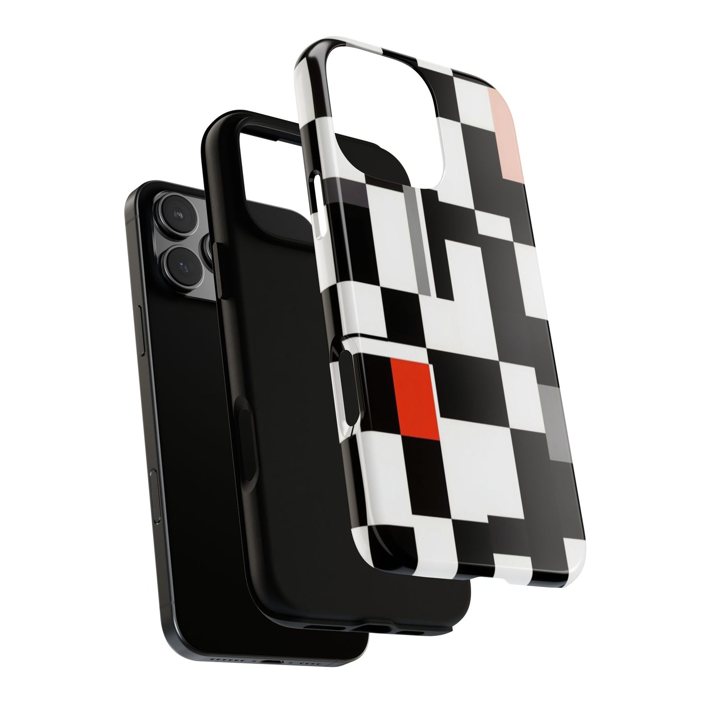Abstract Geometric Phone Case – Black & White Checker Grid with Red Accent