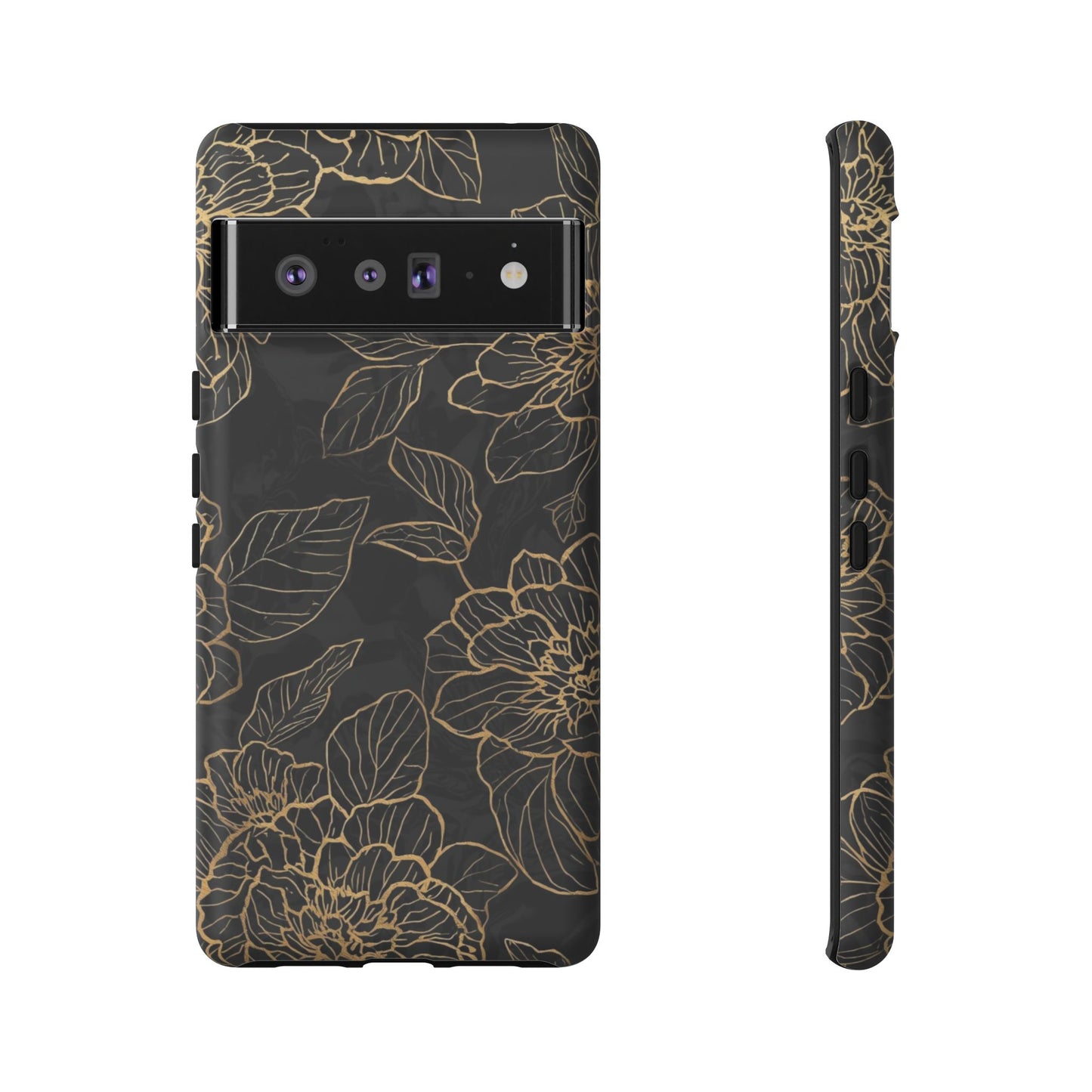 Floral Gold Outline Tough Phone Case – Black Botanical Protective Cover