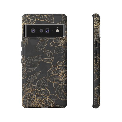 Floral Gold Outline Tough Phone Case – Black Botanical Protective Cover