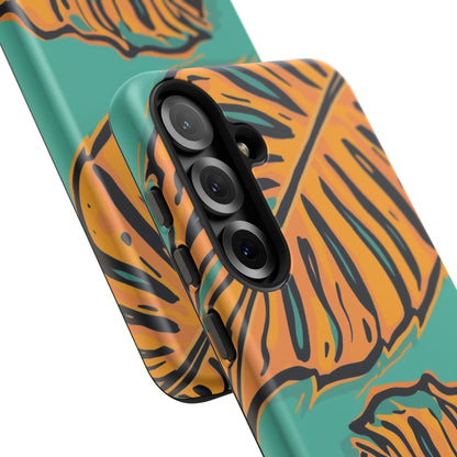 Tropical Leaf Tough Phone Case — Orange Monstera Design on Teal