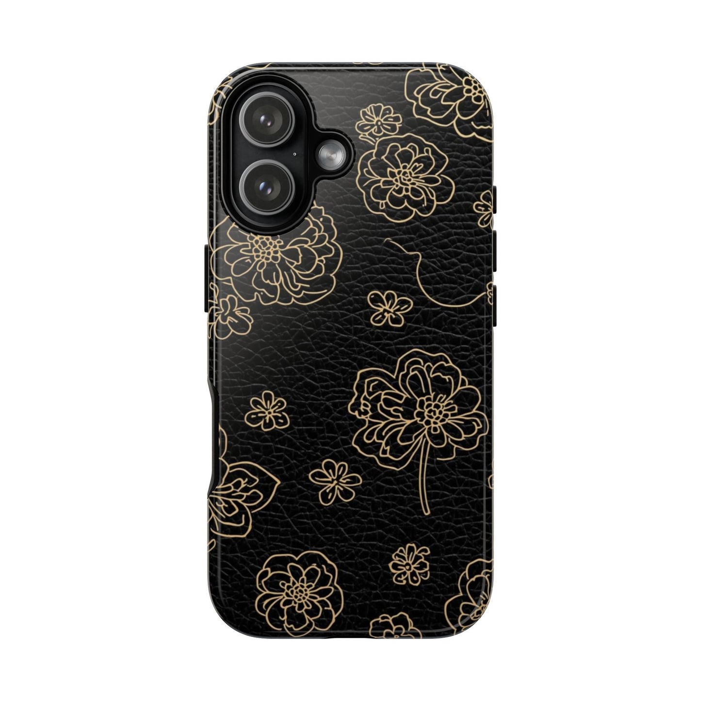 Floral Leather-Texture Tough Case – Black Gold Outline Phone Cover