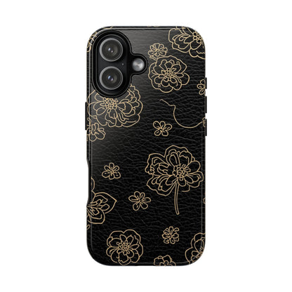 Floral Leather-Texture Tough Case – Black Gold Outline Phone Cover